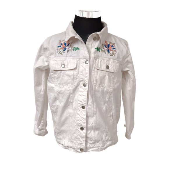 Collections Etc Womens Large Embroidered Floral Boho Art Deco White Denim Jacket - Picture 1 of 15